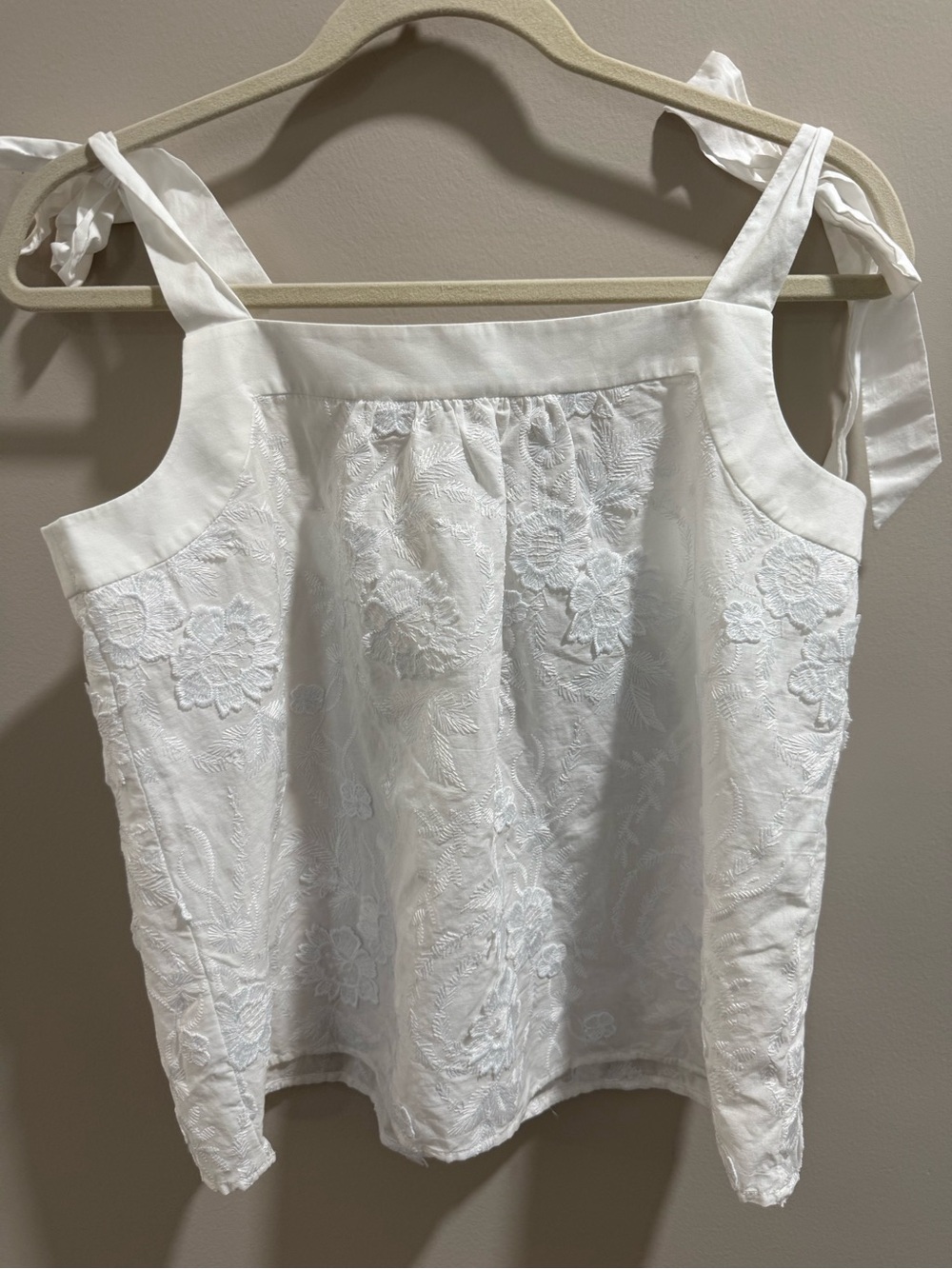 LOFT White Floral Embroidered Tank with Tie Straps